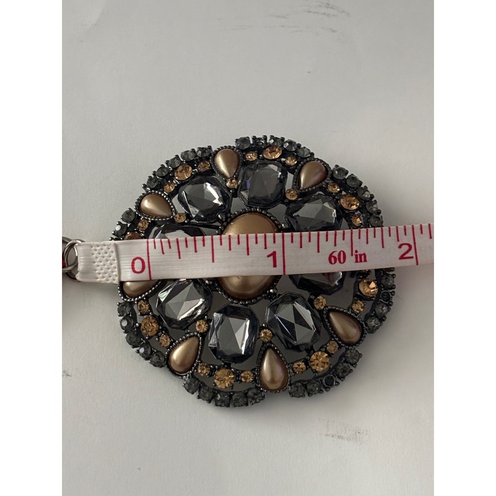 Monet Vintage Round Brooch Gunmetal Smoky Grey & Amber-Tone Rhinestone Old Money - Picture 7 of 8